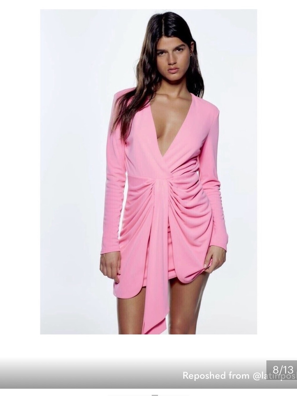 Zara Pink Long-Sleeve Draped V-Neck Mini Dress